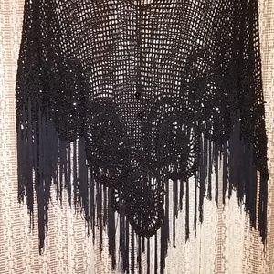 Black Fringed Gypsy Boho 80s Style Shawl Sequins